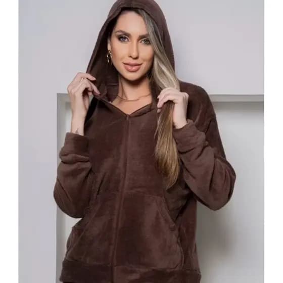 JAQUETA FEMININA DE FRIO COM CAPUZ E ZÍPER CASACO PELINHOS BLUSÃO INVERNO BLUSA