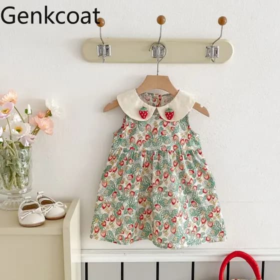Meninas verão novo estilo versão coreana saia crianças morango boneca colarinho vestido de princesa bebê menina sem mang