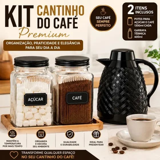 Kit Cantinho Do Café Garrafa Térmica Potes Açúcar Café Organizador