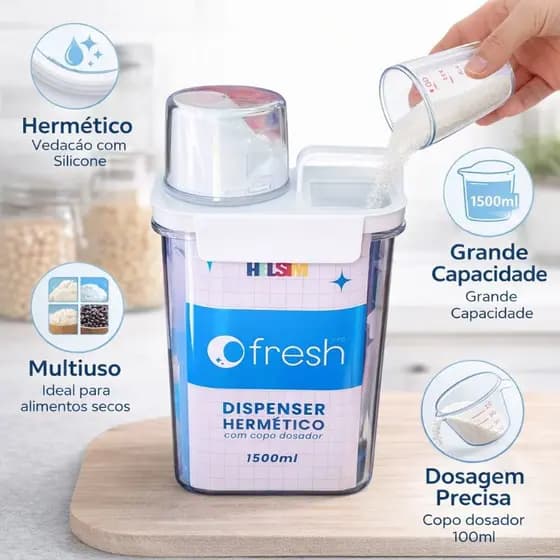 Dispenser Hermético de Grãos 1500ml-1000ml com Tampa Medidora Porta Cereais Cozinha