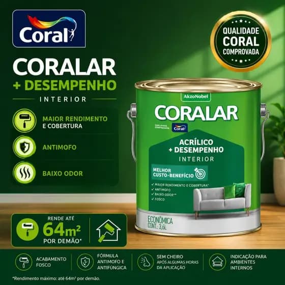 Tinta Acrilica Coral Coralar Mais Desempenho 3,6 Litros Fosco - Cores