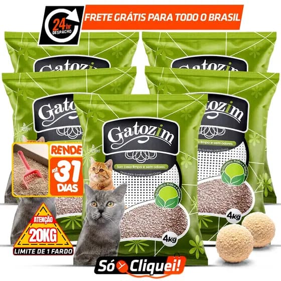Kit 5 Pacotes Areia de Gato Gatozim 20KG Granulado Forma Torrões Firmes Controle De Odores Econômico Natural