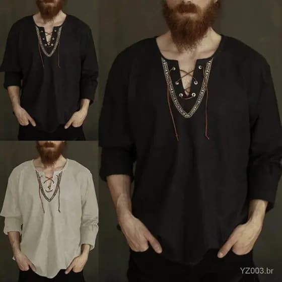 Masculino & #39's Pullover Shirt 2021 Moda Vintage Manga Longa Slim Top Casual Respirável Viking Frente Lace Up Hombre Camisas