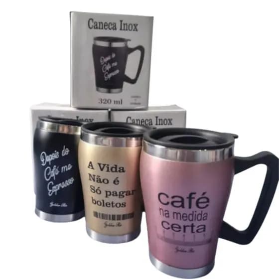 Caneca Térmica 320ML Aço Inox Com Tampa de Plastico e Com Frases Na Copo Para Café,chá,Achocolatado, água, sucos