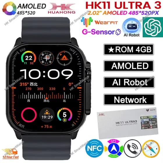 Smartwatch 2026 Original HK11 ULTRA 3 49mm AMOLED 4G ROM AI Chat Robô Bluetooth Rede Chamada Relógio NFC Bússola Intelig