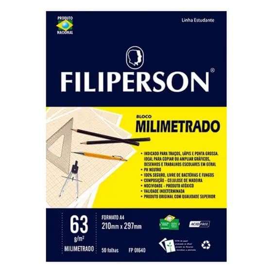 Bloco Desenho A4 Milimetrado 63g 50 Folhas Filipinho