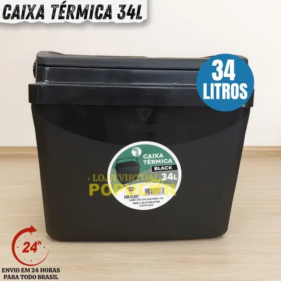 Caixa Térmica Black 34 Litros Cooler Resistente Com Alça Porta Copos Praia Camping
