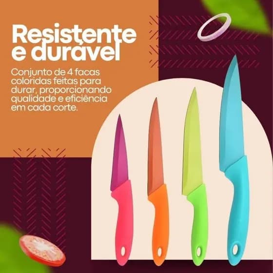 Faca Colorida De Inox Jogo Kit 4 Peças Para Cozinha Utensílio