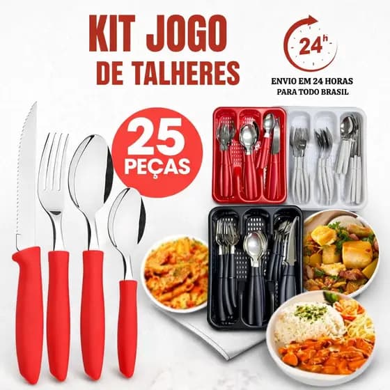 Jogo De Talheres 25 Peças Inox Garfo Faca Colher e suporte organizador