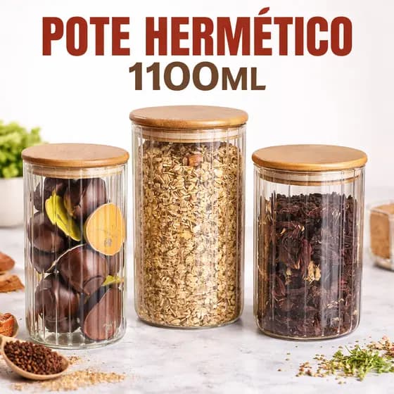 1 Pote Porta Mantimentos 1.100L de Vidro Com Tampa De Bambu Potes Hermético Cozinha