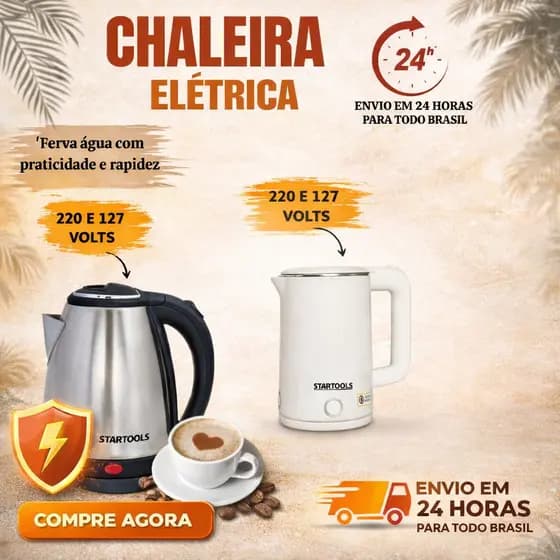 Chaleira Elétrica de Aço Inox 1.6L 127V/220V, Ferve Água Rápido com Tampa e Desligamento Automático