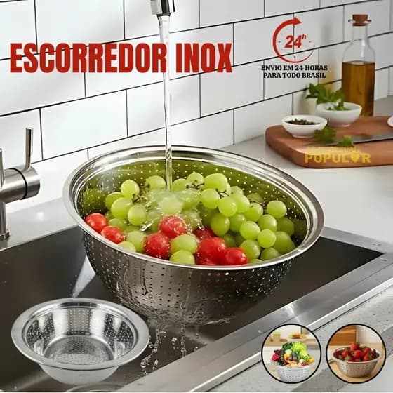 Escorredor De Arroz e de Massas Aço Inox Lava Alimentos Multiuso 22 Centímetros