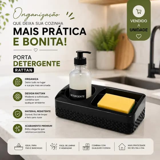 Porta Detergente Esponja e Sabão Com Base preto Rattan Com destaque Para Higienização
