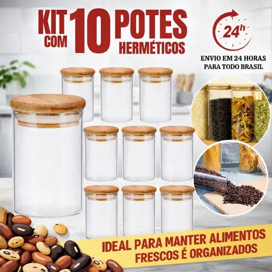 Kit 10 Potes De Vidro Herméticos Redondo 300ml Temperos Tampa Bambu