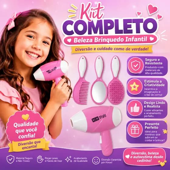 KIT BRINQUEDO INFANTIL BELEZA COM ACESSÓRIOS, CHAPINHA E SECADOR
