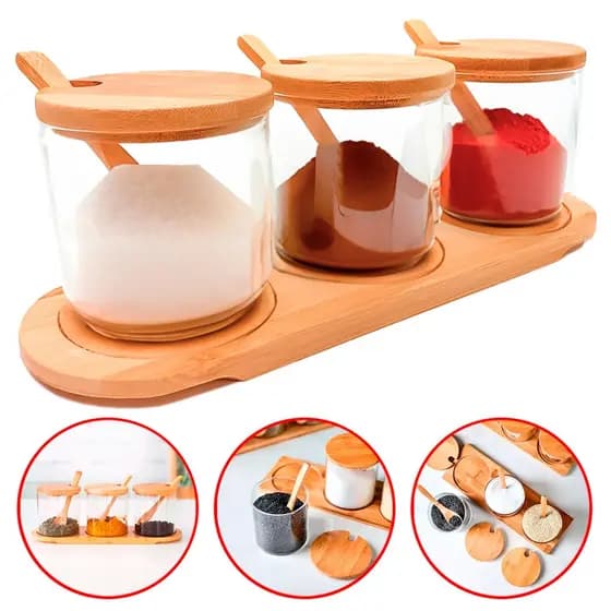 Kit 3 Potes Porta Condimentos 270 ml Temperos de Vidro com Suporte Tampa Em Bambu Livon