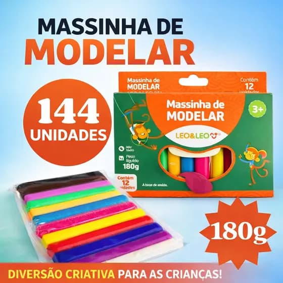Kit 12 Caixas Massinha De Modelar Leo&Leo 144UN 180g Infantil Escolar 12 Cores Não tóxica