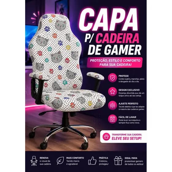 Capa removível de gamer, personalizada feita sobmedida p/ cadeira de gamer, escritório e jogos de computador.