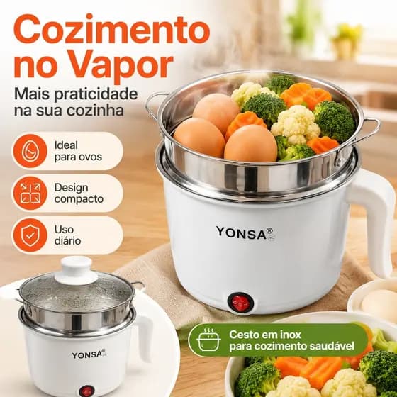 Panela Chaleira Elétrica Portátil Multiuso com Cesto Inox Vaporizador Tampa de Vidro para Cozinhar Ovos e Legumes