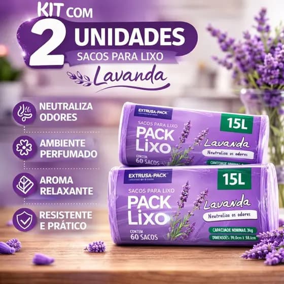 Kit 2 Packs Saco Lixo Lavanda 15L 120 Sacos Perfumado Anti Odor Banheiro Cozinha