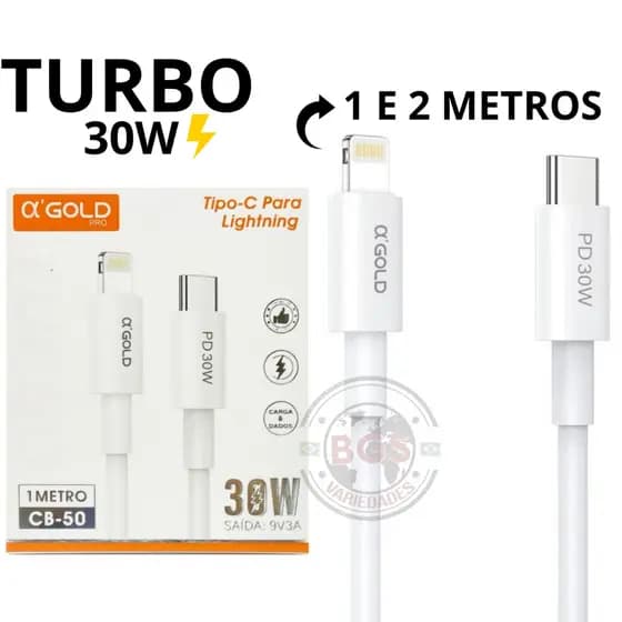 Cabo Tipo C Lightning Super Turbo 30W Para Iphone Agold Original 1 Metro 2 Metros