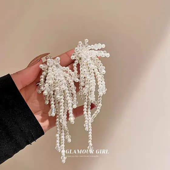 Brincos de Novo Estilo Elegantes Longos Exagerados com Pérola e Franjas Feitos à Mão Acessórios para Ouvidos