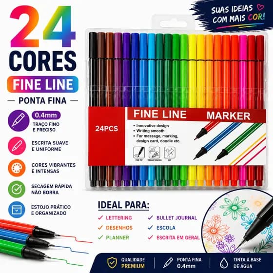 kit 12/24 Canetas Coloridas Fine Line Ponta Fina 0.4 mm 1ª Linha