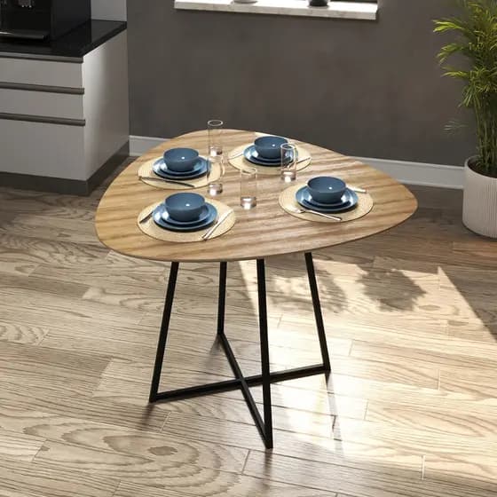 Mesa Orgânica Metal e Madeira Modelo Palheta Oval Estilo Sofisticado Industrial Moderno de Cozinha e Sala de Jantar