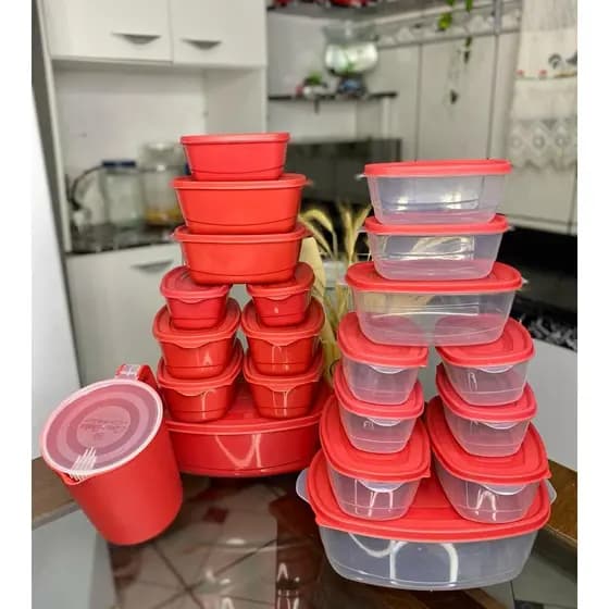 kit potes herméticos com tampa + jarra de plástico para cozinha