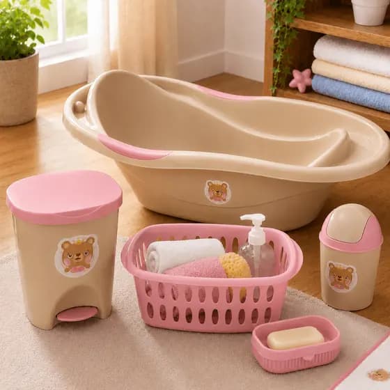Kit Banheira Bebê Rosa 5 Peças Banho e Quarto com Cesto 21L Lixeira Pedal 7,5L Lixeira 3L e Saboneteira