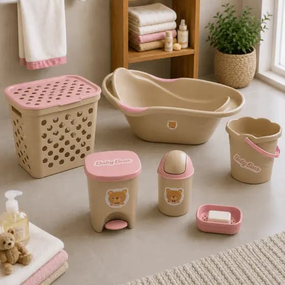 Kit Completo Infantil Banheira + Cesto 30L + Lixeiras + Balde Bebê Rosa + Saboneteira