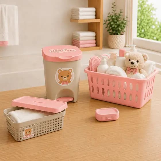 Kit Banho Banheiro Baby Bebê Cestos Roupas Lixeira E Saboneteira Menino Menina Rosa