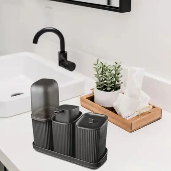 Kit Banheiro Suporte Escova Porta Algodão Sabonete Liquido E Dispense Premium Preto
