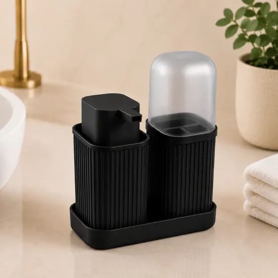 Kit Banheiro Porta Escova Com Dispense Liquido Linha Premium Preto