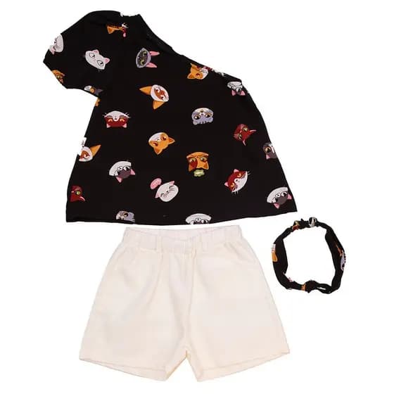 Kit Shorts e Blusa de 1 Ombro Estampada e Faixa de Cabelo