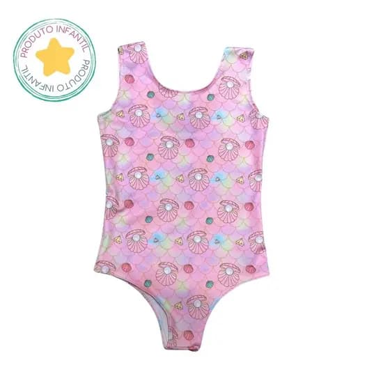 Body Collant Infantil Rosa com Conchinhas do Mar