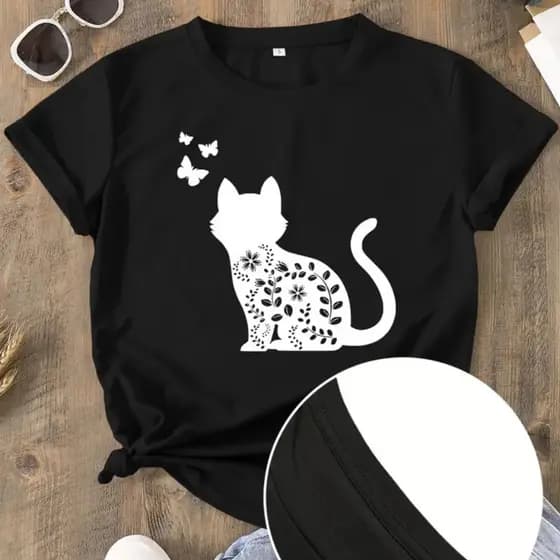 Camiseta Preta com estampa de Gato 100% algodão, Feminina verão