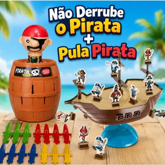 Kit Jogo Pula Pirata Jump 16 Peças +Não Derrube o Barco Pirata Desafio Equilíbrio Coordenação Motora