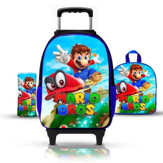 Mochila Escolar infantil de Rodinhas Mario Menino - REFORÇADA