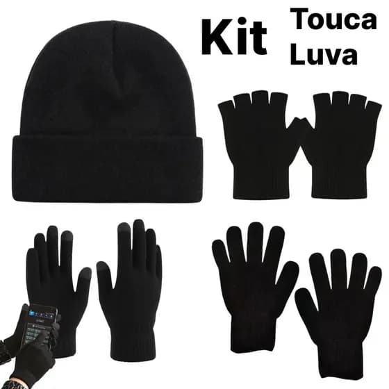 Kit de Inverno Touca Lisa + Luva Lisa Preta touca screen luva meio dedo de Lã para frio