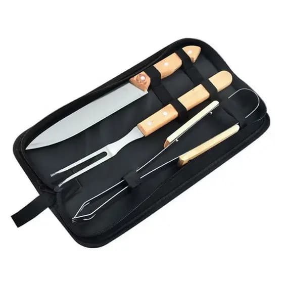 Kit Churrasco com Estojo 3 Peças – Faca, Garfo e Pegador em Aço Inox e Cabo de Madeira