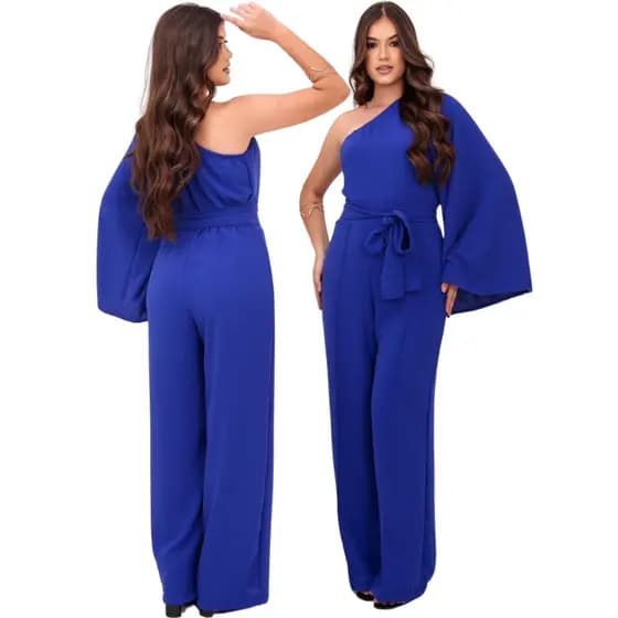 Macacão Feminino Longo Pantalona Elegante Manga Única Com Cinto