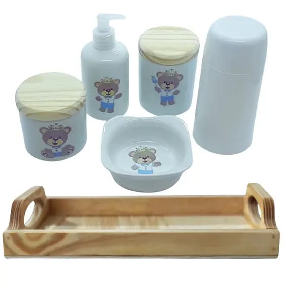 Kit higiene bebê Príncipe Ursinho 6 Pçs - Pçs porcelana tampas Pinus + garrafa térmica