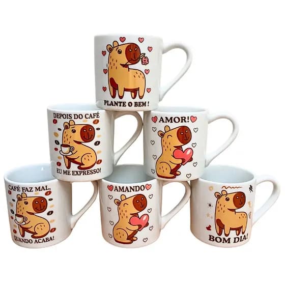 Kit Jogo 6 Canecas Capivara 210ml - Porcelana