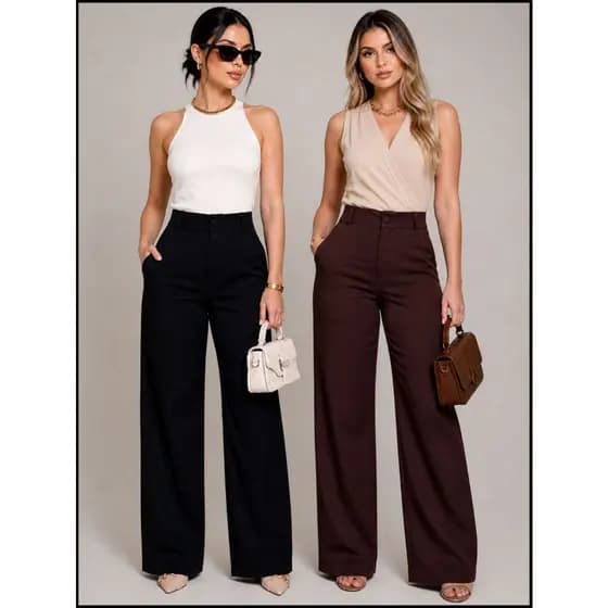 Kit 2 Calças Wide Leg Alfaiataria Feminina Bolso Grande Premium