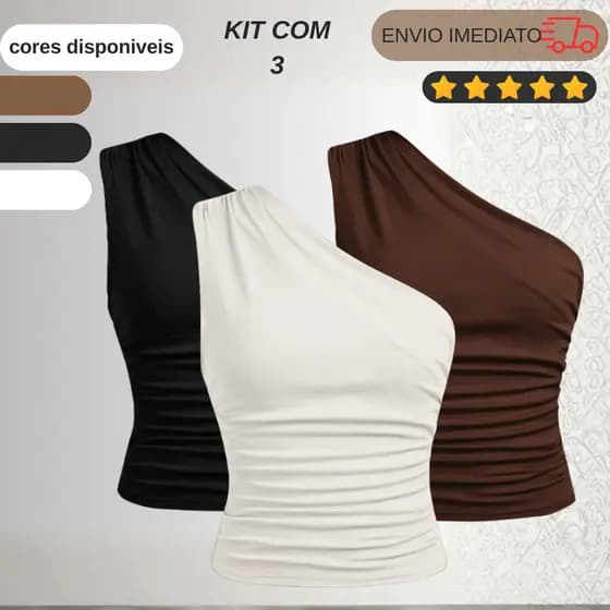 KIT 3 Blusa Feminina Elegante Nula Manga Ombro Único Com Franzido Assimétrica Casual