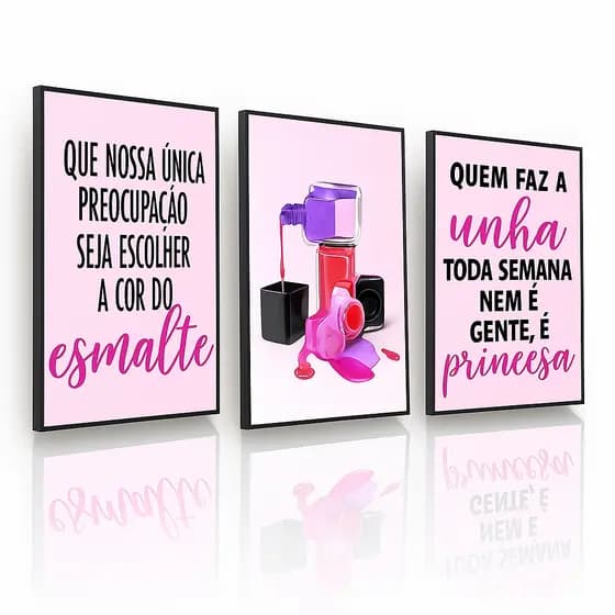 Kit 3 Quadros decorativosTrio Manicure Frase Salão Esmalte Unha Pedicure Princesa Rosa grande
