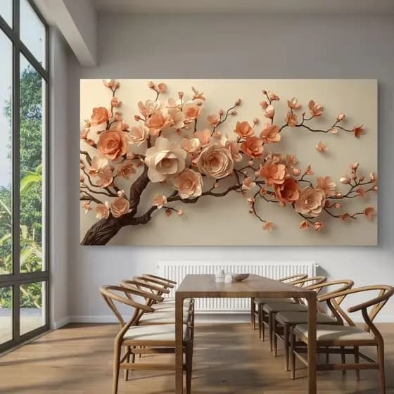 Quadro Flores Em Galhos 3D Floral Tons Rosé Elegante MDF Para Sala Quarto Escritório Hall