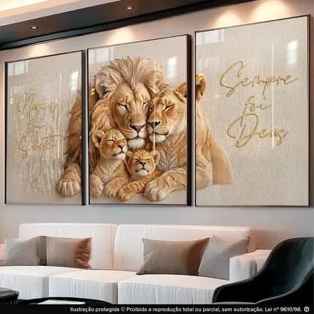 Quadros Decorativos 3 Peças Leão Família Frase Fé Religioso Para Sala União