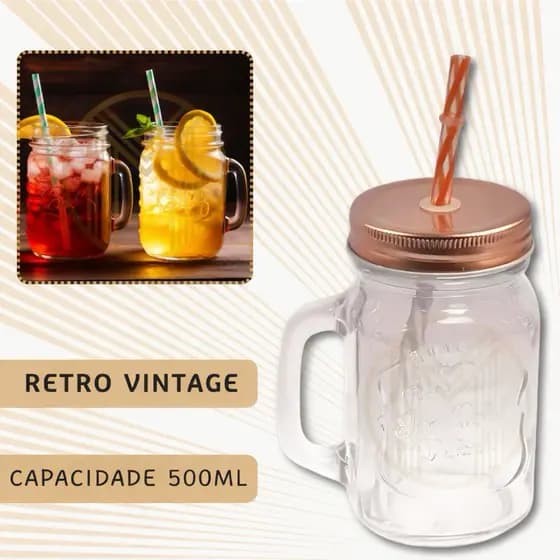 Kit 3 Caneca Copo Retrô Rosê Vintage 500ML Drinks Com Canudo Decoração Restaurante Cozinha